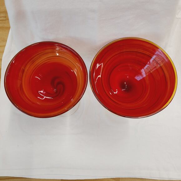 Martini Glasses, Handblown Red, Orange & Black Swirl  "Red Twist" , PRE-OWNED - Picture 3 of 5